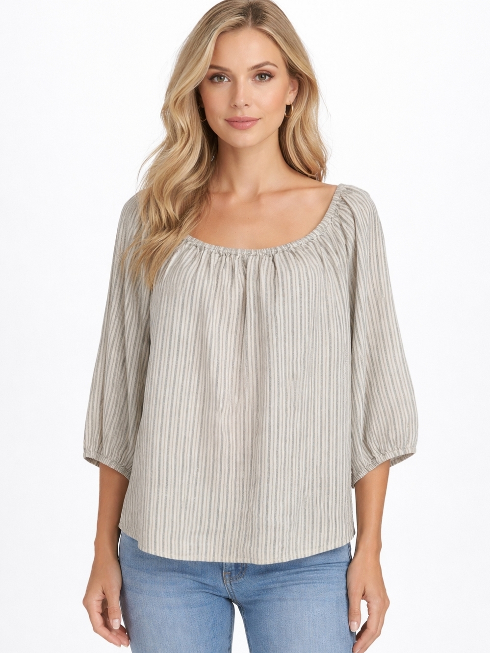 Sanctuary Gray White Striped 100% Linen Peasant Blouse 2X